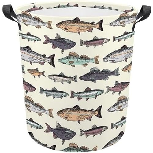 Oyihfvs Seamless Pattern with Vintage Hand Drawn Fishes Retro Style Collapsible Waterproof Laundry Hamper with Handles, Tall Washing Storage Large Organizer Round Basket Bin for Toys Clothes
