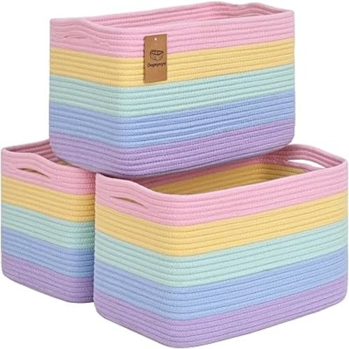 Shelf Baskets for Organizing, Woven Storage Basket for Shelves，Cotton Rope Storage Bins for Toys Books, Nursery Towel Baskets for Classroom, 14.96"X9.8"X8.85", 3-Pack Pastel Rainbow