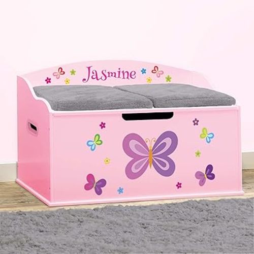 DIBSIES Personalized Creative Wonders Toy Box, Butterflies & Flowers, 30 x 19.25 x 18 inches, Soft-Close Lid (Pink)