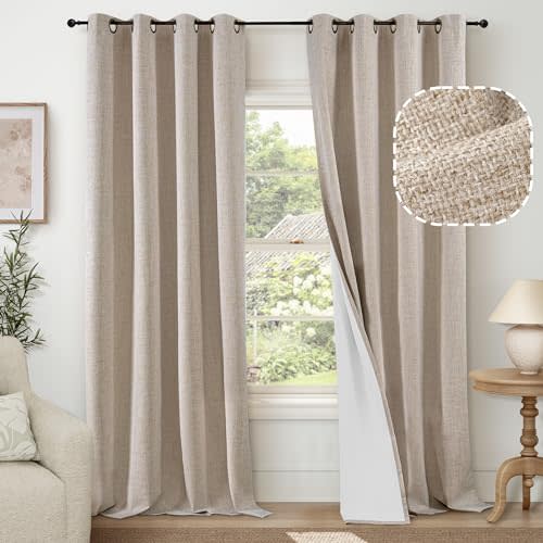 Lajode Beige 100% Blackout Curtains for Living Room 84 Inch Length 2 Panels Set, Thermal Insulated Light Blocking Faux Linen Curtains for Bedroom, Bronze Grommet Boho Window Drape Each 52" Wide