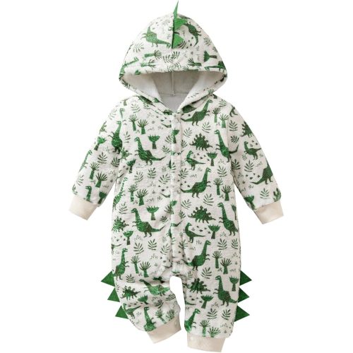 Baby Boys Dinosaur Outfit Fleece Bodysuit Infant One Piece Hooded Button Romper Outerwear Jumpsuit Toddler Jackets