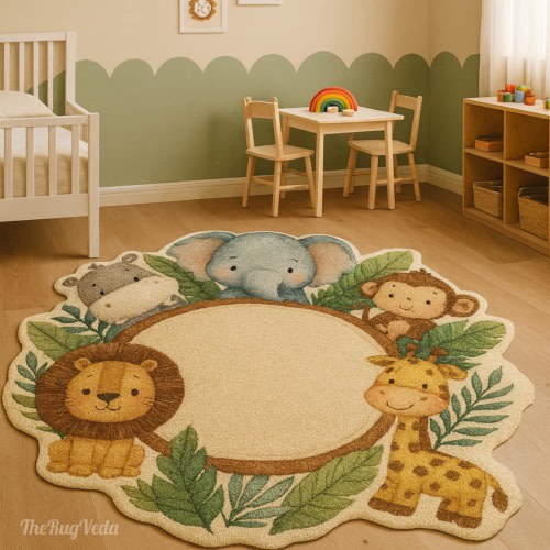 Handtufted Jungle Theme Wool Rug – Lion, Elephant, Giraffe & Monkey Carpet for Nursery, Kids Room and Playroom Decor