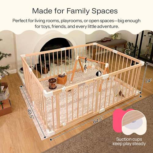 HARPPA Wooden Baby Gate Playpen | Non-Toxic Foldable DIY Adjustable Play Yard for Infants & Toddlers – Natural Finish Baby Fence for Small & Large Spaces