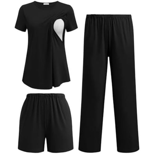 Ekouaer 3 Piece Maternity Nursing Pajamas Set Short Sleeve Breastfeeding Pjs