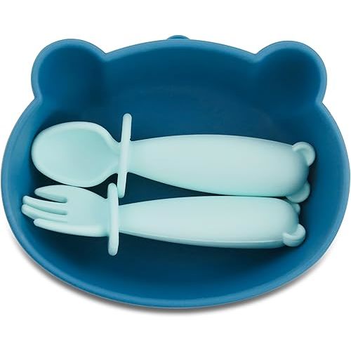 Silicone Bowl Suction with Spoon and Fork for Babies 6 months+ Suction Bowls for Baby Utensils 6-12M+ BLW Baby Essentials Newborn Essentials Must Haves (Aquamarine)