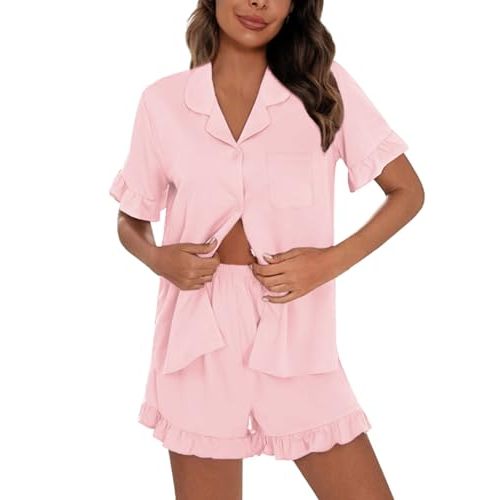SWOMOG Woman Pajama Set Short Sleeve Pjs Set 2Pcs Short Pajamas Button Down Ruffle Hem Sleepwear Soft Modal Loungewear