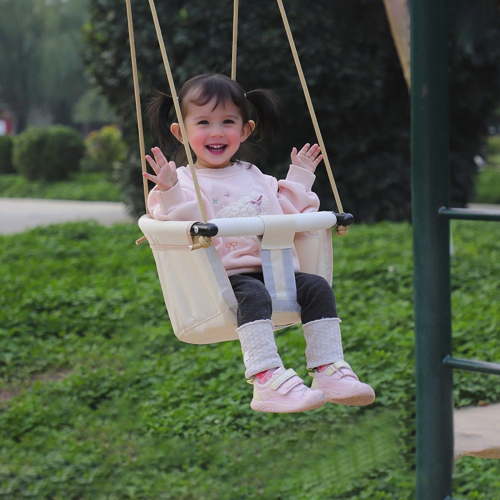 Outdoor Baby Swing, Adjustable Canvas Swing Seat with Safety Buckles and Storage Bag, Beige Toddler Swing for Kids Ages 1-5, Portable & Easy to Assemble, Sturdy Steel Frame, Indoor/Outdoor Use