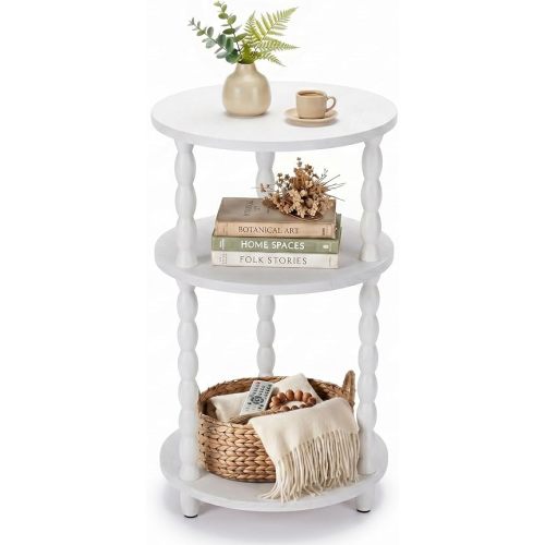 Small Round Side Table, 3-Tier Solid Wood End Table with Storage Shelf, Modern Bedside Tables Night Stand for Living Room, Bedroom, College Dorm, Small Space (White)