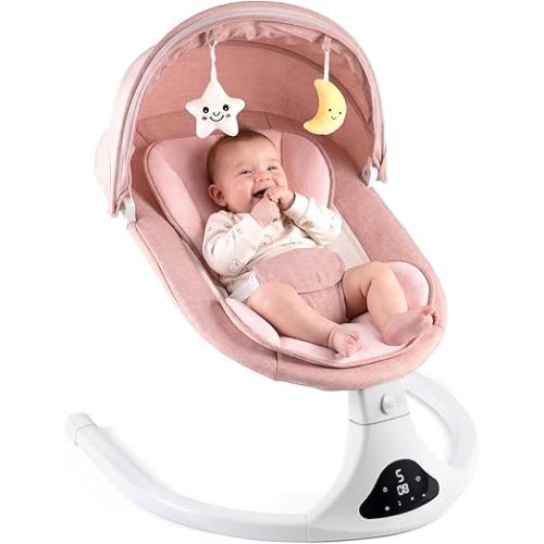 Electric Baby Swing with Remote Control - 5 Natural Motion Speeds, Detachable Seat Pad | Portable Infant Swing for Indoor/Outdoor Use (0-12M, 20lbs) (Pink)