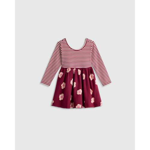 Organic Cotton Long Sleeve Skater Dress  - Baby Girl in Dancing Daisy Burgundy Stripe