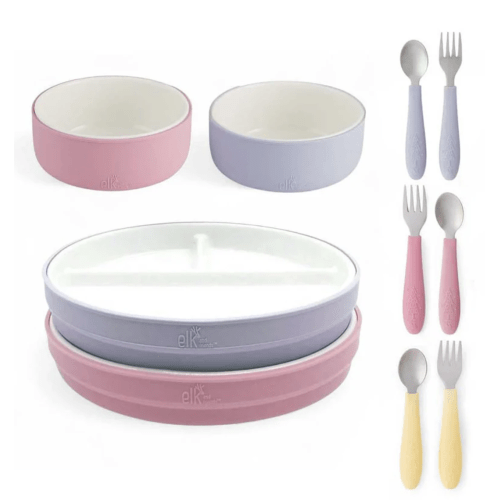 Kids Porcelain Mealtime Bundle | Normal Sleeves | 7.8" Plates, Bowls + Toddler Utensils | 10 Pcs | Blush/Lilac