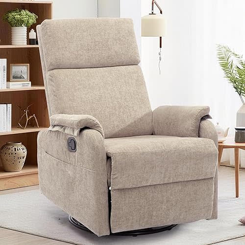 Korser Recliner Chair, Swivel Rocking Recliner Chair for Adults, Glider Rocking Chair, Small Nursery Chair Recliner for Living Room, Reclining Chair with Modern-Designed Armrests, Chenille, Khaki