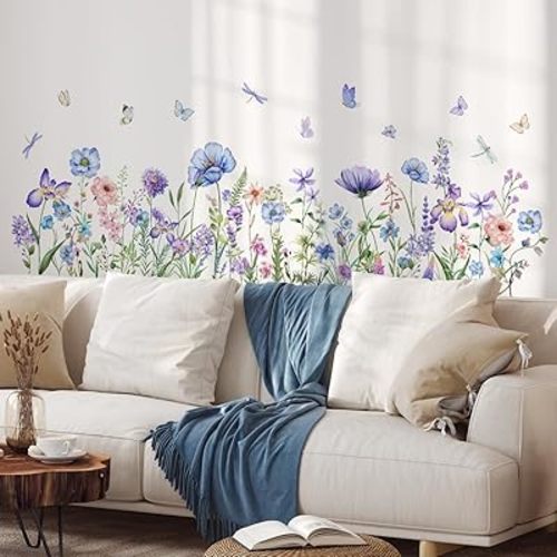 2 Pieces Purple Flowers Wall Decals Vinyl Purple Flowers Wall Stickers Removable Floral Art Murals Peel and Stick Colorful Decor for Girls Bedroom Living Room Nursery