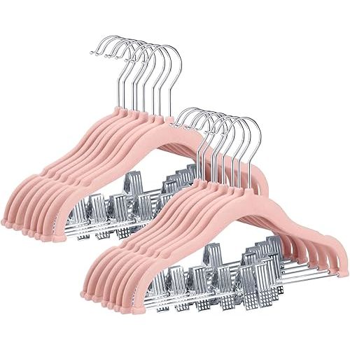 ManGotree 11.8'' Baby Velvet Hangers with Movable Clips, Non-Slip Kids Clothes Hangers, Ultra-Thin Space-Saving Children's Felt Hangers for Shirts, Pants, Dresses, Skirts, Jackets (16 Pack, Pink)