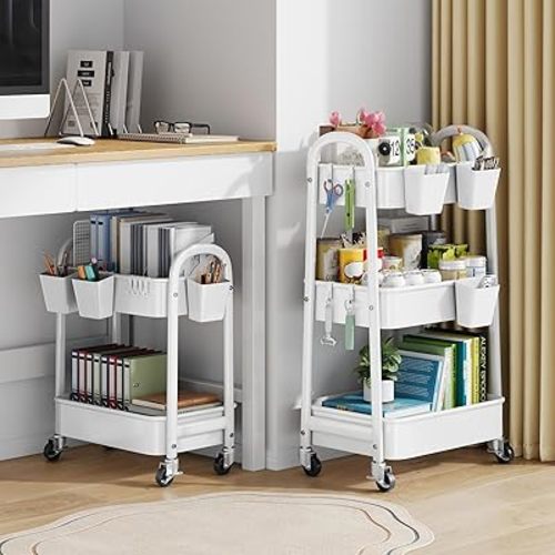 2 Tier Rolling Cart Metal with Wheels, White Under Desk Storage Carts on Wheels, Two Tiered Short Shelf Cart, Small Utility Organizer Trolley for Dorm, Bathroom, Craft, Art, Baby,Diaper Caddy, Bedside