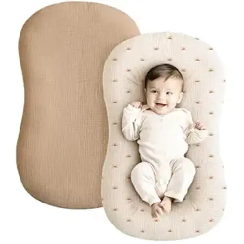Konssy Muslin Baby Lounger Cover 2 Pack, 100% Cotton Newborn Lounger Cover, Soft and Breathable Baby Nest Slipcover for Boys Girls (Camel,Sun)