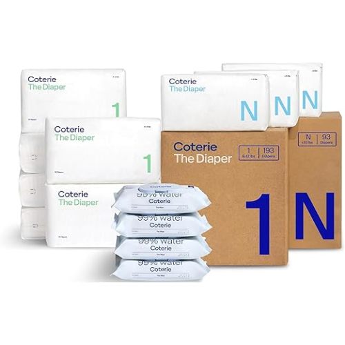 Coterie Baby Wipes + Diapers Kit, Size 1 (99 Count) & Size 2 Diapers (186 Count), 4 Pack (224) Baby Wipes with 99% Water, Plant Based Materials, Hypoallergenic for Sensitive Skin