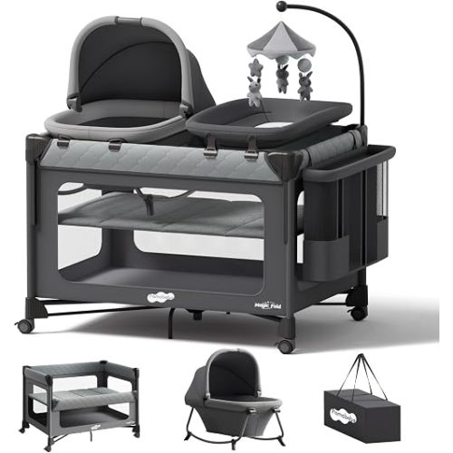 Pamo Babe Pack and Play with Bassinet - 7 in 1 One-Step Setup Bedside Crib, Portable Playpen, Travel Crib, Baby Playard with Diaper Changing Station, Toy Bar & Large Storage Bag