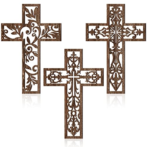 Yookeer 3 Pcs Wooden Cross Wall Decor Cross Hanging Handmade Antique Religious Brown Wooden Home Decorations Hand Carved Wall Decor for Church Home Office Baptism Christmas Gift for Christian