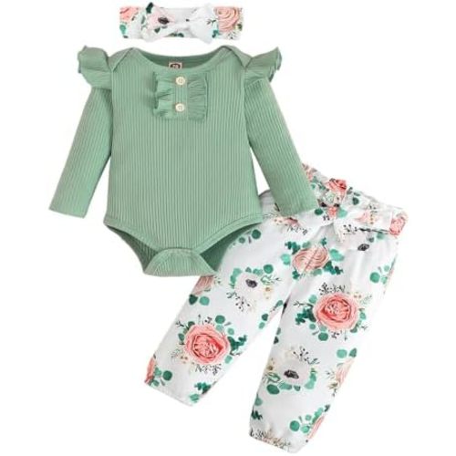 Newborn Baby Girls Clothes Ribbed Ruffled Romper+Floral Pants+Headband Infant Outfit Set