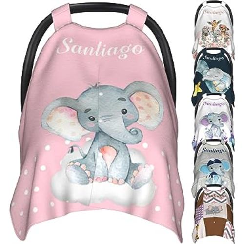 Personalized Baby Car Seat Covers for Girls Boys with Name Elephant Custom Carseat Canopy Cover for Babies Nursing Cover Breastfeeding Scarf Infant Stroller Cover