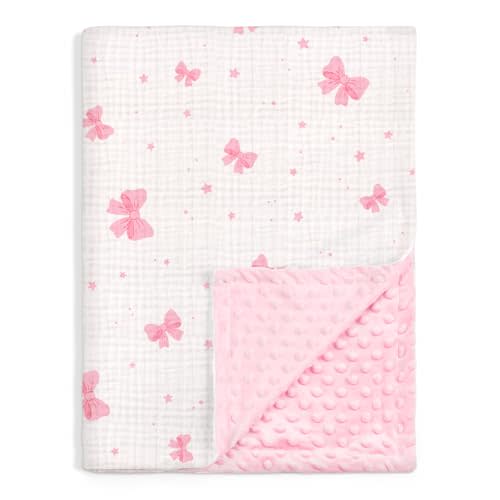 SANDJEST Bow Minky Muslin & Dotted Blanket 30x40 in Gift for Holiday, Gender Reveal Party, Hospital Visit, Baptism