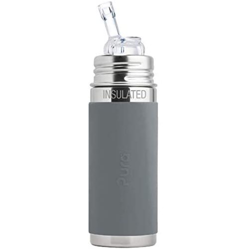 Pura Kiki 9oz/260 ml Stainless Steel Insulated Bottle w/ Silicone Straw & Sleeve, 100% Plastic-Free, MadeSafe Certified, 100% Medical-Grade Silicone Straw for Kids, Toddlers, Babies & Infant – Slate