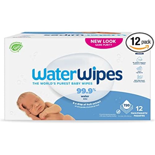 WaterWipes Plastic-Free Original Baby Wipes, 99.9% Water Based Wipes, Unscented & Hypoallergenic for Sensitive Skin, 720 Count (12 packs), Packaging May Vary