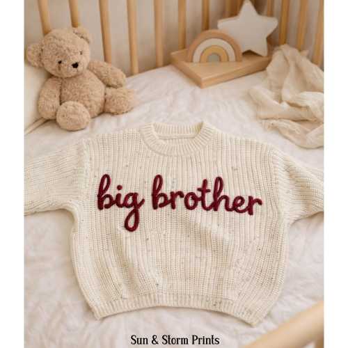 Big Brother Sweater, Personalized Name Knit Baby Sweater, Handmade Toddler boy Gift, Sibling Announcement Outfit