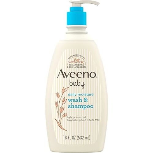 Aveeno Baby Daily Moisture Gentle Body Wash & Shampoo with Oat Extract, 2-in-1 Baby Bath Wash & Hair Shampoo, Tear- & Paraben-Free for Hair & Sensitive Skin, Lightly Scented, 18 fl. oz
