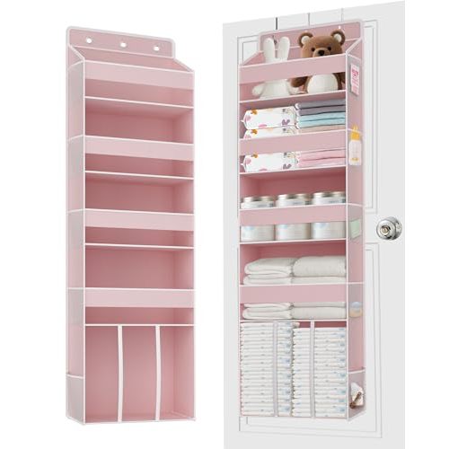 TAHAVICE 1 PC Over the Door Diaper Organizer with 1 Large Capacity Caddy, 4 Shelf & 10 Mesh Side Pockets, Baby Stuff Hanging Caddy Storage and Newborn Essentials Closet Organizer for Nursery, Bedroom
