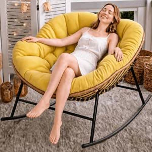 Easyego Oversized Papasan Rocking Chair Indoor Outdoor Use, Comfortable Wicker Rocker with Cozy Thicken Cushion for Deck, Balcony, Poolside, Lawn, Bedroom, Living Room, Light Yellow