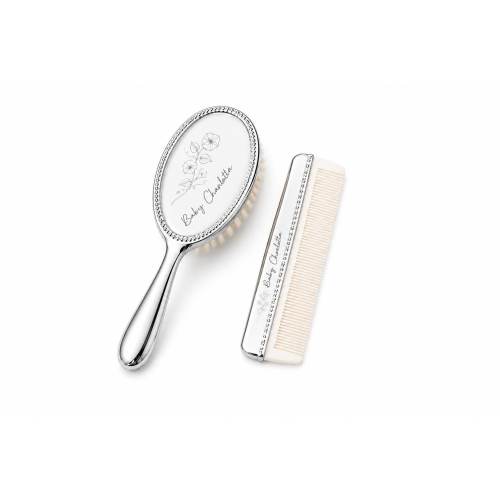 Personalized Birth Flower Silver-Plated Baby Brush & Comb Set • Engraved Newborn Gift • Custom Baby Shower Keepsake