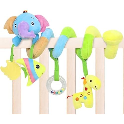 Caterbee Baby Car Seat Toys, Soft Hanging Plush Toy with Rattle & Teether, Sensory Development Toy for Infants (Elephant)