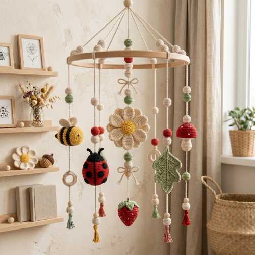 Personalized Crochet Bee Baby Mobile, Custom Cottagecore Garden Nursery Bedroom, Knitted Ladybug Flower Crib Decor, Strawberry Newborn Gift