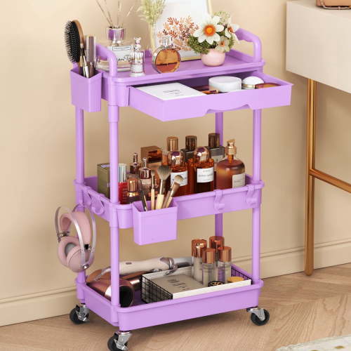 3 Tier Rolling Utility Cart with Removable Drawer, Bathroom Storage Organizer with 2 Lockable Wheels, Mobile Shelving Unit for Kitchen, Office, Snack, Craft, Makeup, Baby Essentials, Purple