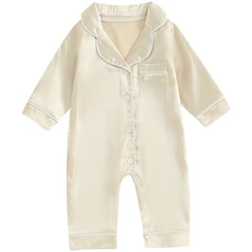 MAINESAKA Newborn Baby Girl Boy One Piece Pajama Romper Sleep Jumpsuit Silk Satin Long Sleeve Button Down Pjs Sleepwear