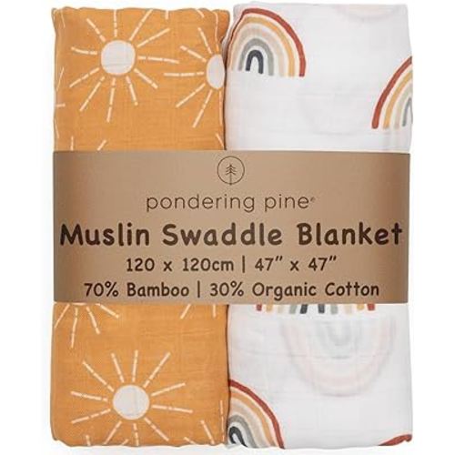 Organic Baby Muslin Swaddle Blankets for Boy or Girl - Sun and Rainbow Swaddling Blanket 2 Pack - Soft Muslin, XLarge and Breathable, Boho Baby, 47" X 47"