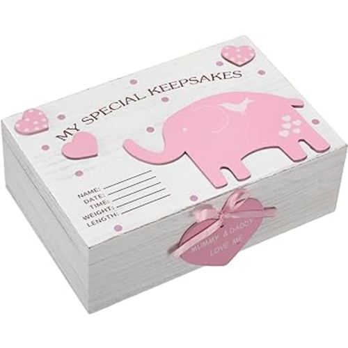 Soaoo 3D Wooden Baby Boys Memories Keepsake Box Baby Girls Elephant First Keepsake Box New Parent Newborn Baptismal Birthday Gift for Mementos 11.81'' x 7.87'' x 3.94''(Pink)