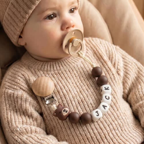 Teddy Bear Pacifier Clip, Personalized Baby Name Binky Holder, Neutral Wood Bead Paci Clip, Newborn Gift