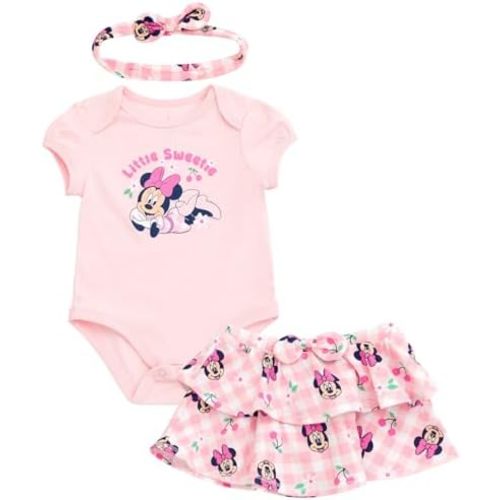 Disney Minnie Mouse Baby Girls Bodysuit, Skirt and Headband 3 Piece Outfit Set Newborn to Infant Sizes (Newborn - 24 Months)