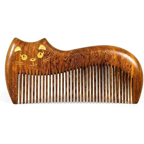 Cute Cat Natural Sandalwood Hair Comb, Gilded Wooden Hair Comb