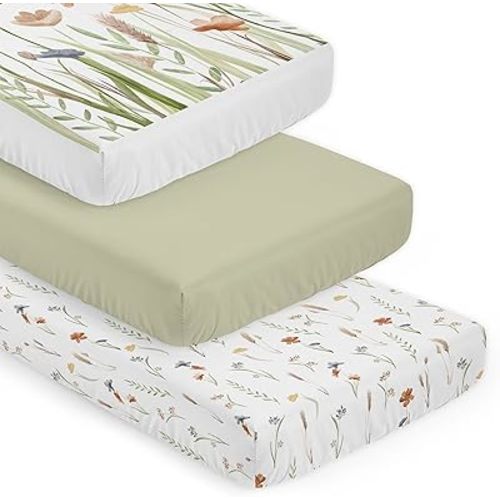 Sweet Jojo Designs 3-Piece Baby Crib Sheets Set (Boho Floral Garden Flower) for Girls, Infant Nursery, Toddler Room - Fitted, Standard Size (Solid Sage Green & Shabby Chic Nature Farmhouse Wildflower)