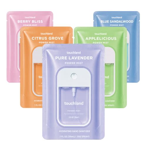 Touchland Top 5 Hydrating Hand Sanitizer Spray Set Travel Size | TSA ready Power Mist with skincare benefits. Applelicious, Berry Bliss, Blue Sandalwood, Citrus Grove and Pure Lavender