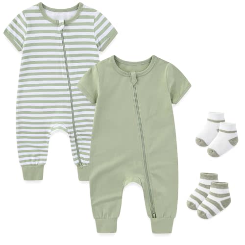 falianni Baby Boy Girl 2-Pack Rompers with Socks 0-18M Toddler Unisex Zipper Short Sleeve Jumpsuits Clothes