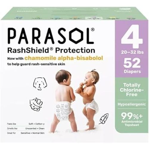 Parasol Chlorine-Free Premium Diapers with RashShield Protection, Size 4, 52 Count, 2 Pack of 26 Diapers