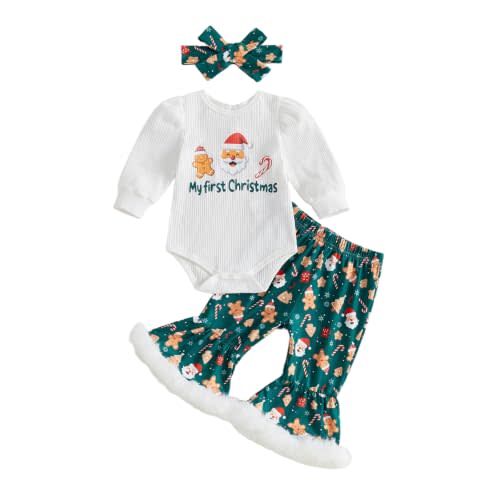 Newborn Baby Girl Christmas Outfit Ribbed Romper and Flared Pants Sets 3Pcs | Infant Baby Girl Christmas Outfit Long Sleeve Ribbed Gingerbread Romper and Flared Pants Headband My First Christmas Outfit