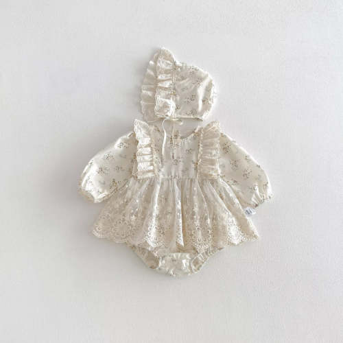 2 Pc Baby Girl Ditsy Lace Floral Dress with Bonnet