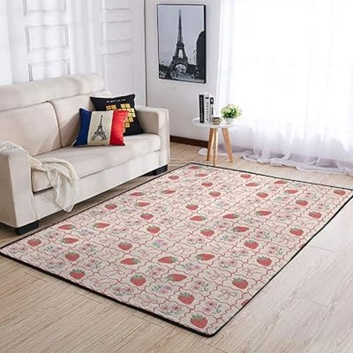 Boho Strawberry Flowers Nursery Area Rug for Baby Girl Strawberries Pink Bows Checkerboard Kids Throw Mats for Living Room Bedroom Kids Room Home Decor Summer Fruit Floor Carpet 36x60inch