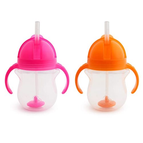Munchkin Any Angle Sippy Cups for Toddlers, Spill Proof Weighted Straw Cup with Transition Handles for Babies 6 Months and Up, 7 Ounce, 2 Pack, Pink/Orange